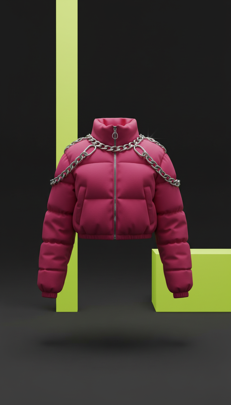 Shock Pink cropped puffer jacket with chain accents