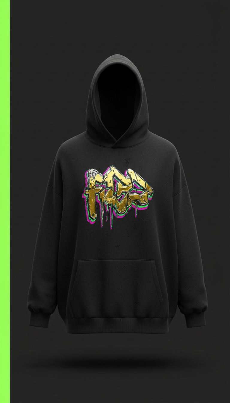 Cyber Gold oversized hoodie with chrome logo