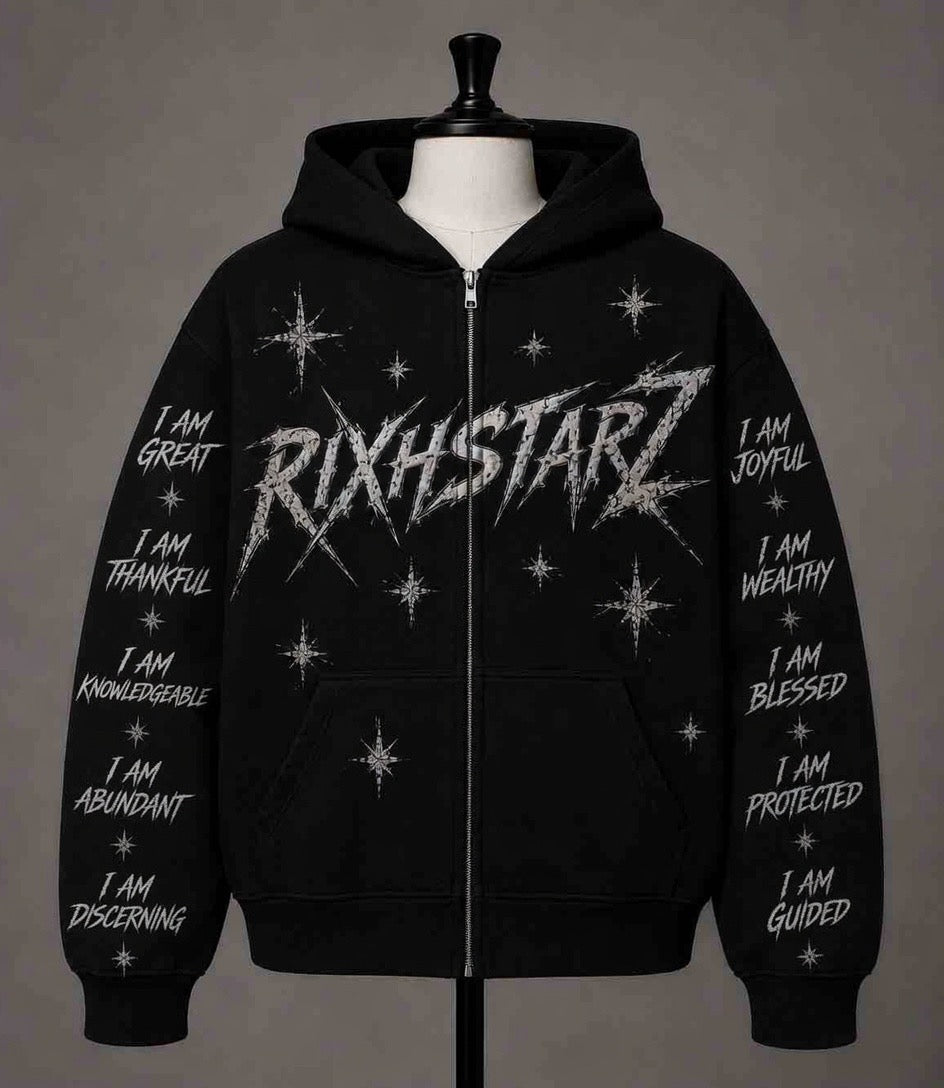 RIXHSTARZ Affirmation Zip-Up Hoodie - Black with chrome branding and affirmation sleeves