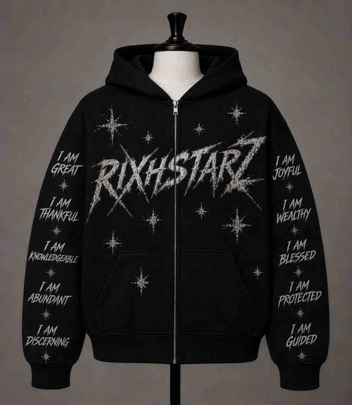 RIXHSTARZ Affirmation Zip-Up Hoodie - Black with chrome branding and affirmation sleeves